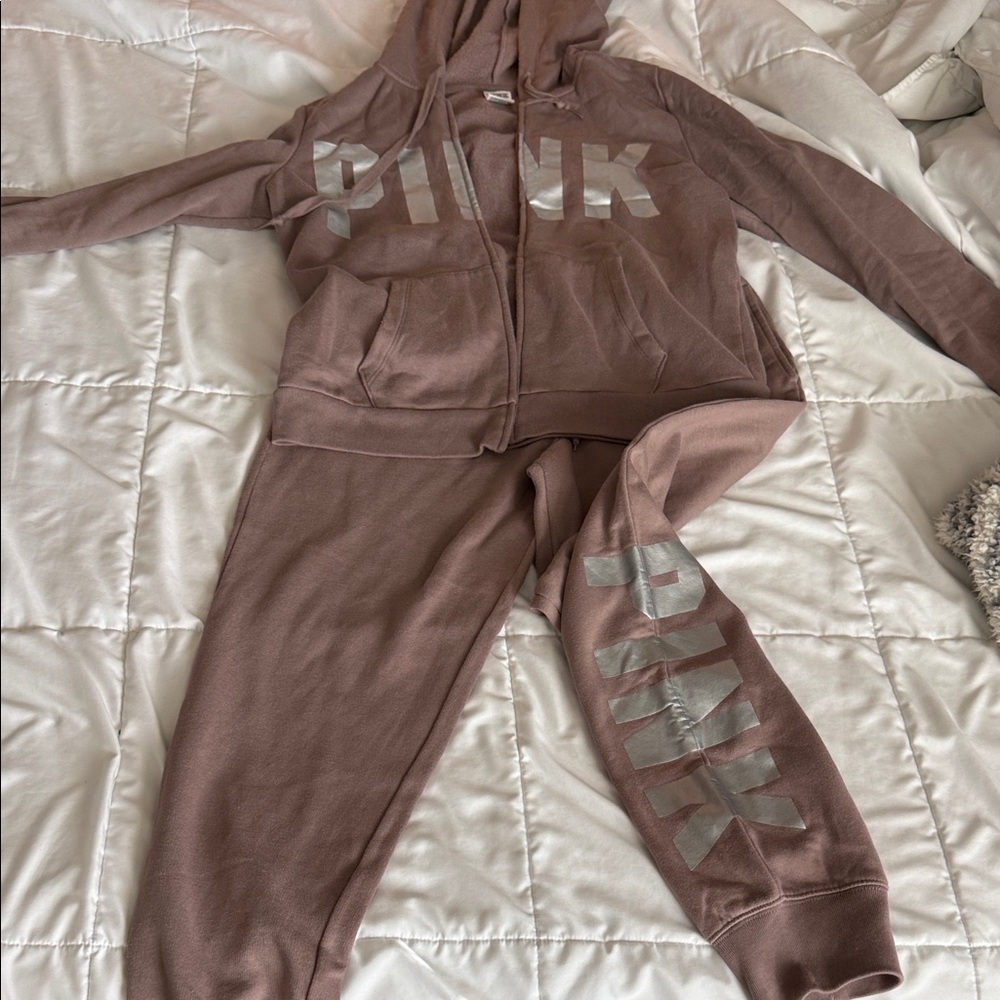 PINK Victoria's Secret Brown Jogger Set with Silver Lettering